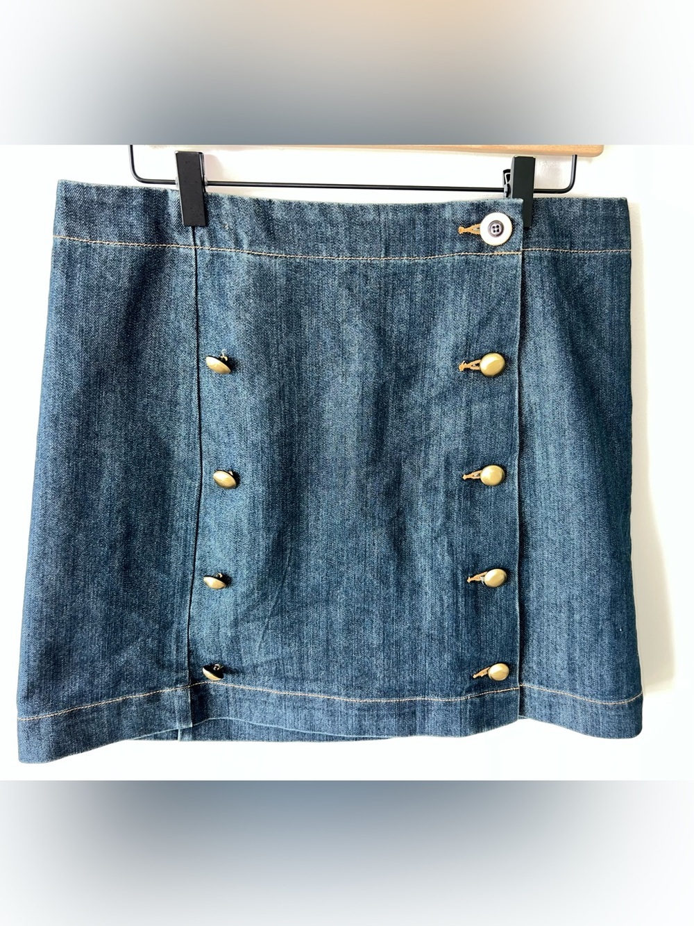 Michael Kors Blue Denim Mini Skirt with Functioning Gold Buttons Cotton Blend